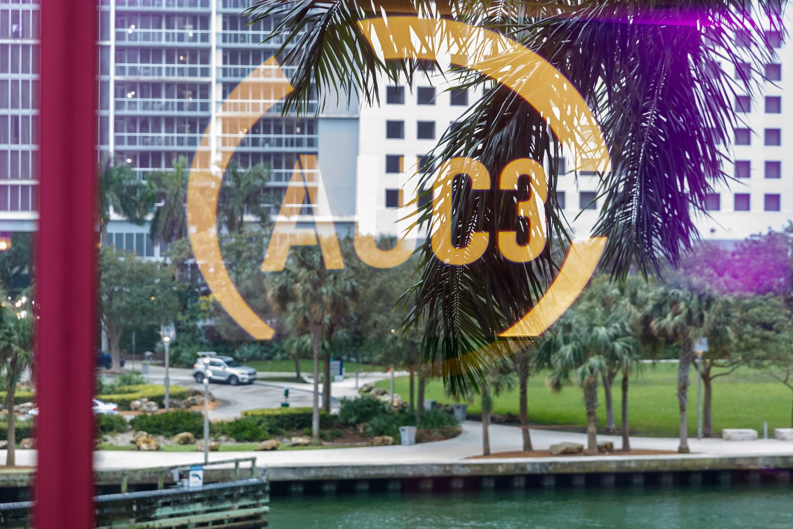 Event logo projected on a window overlooking palm trees and the waterfront